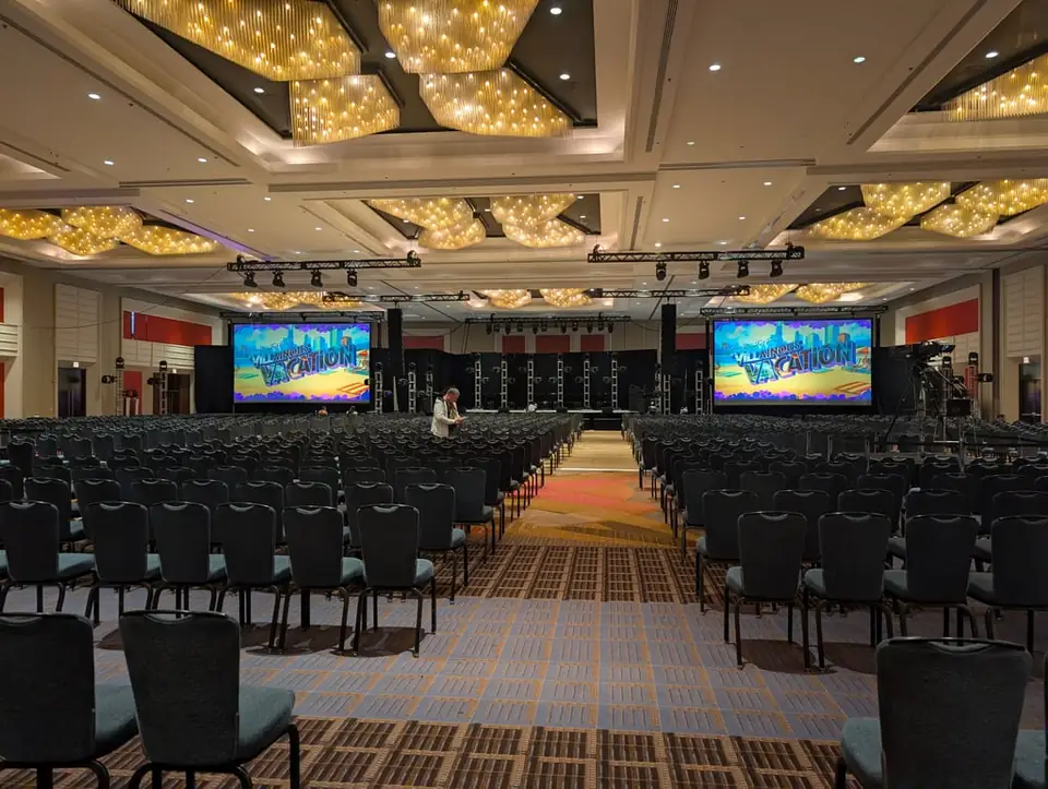 Midwest FurFest main ballroom stage prepared for a large audience