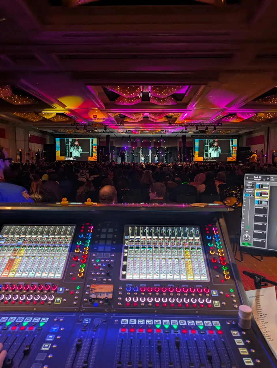 Front-of-house mixing console in the Midwest FurFest ballroom
